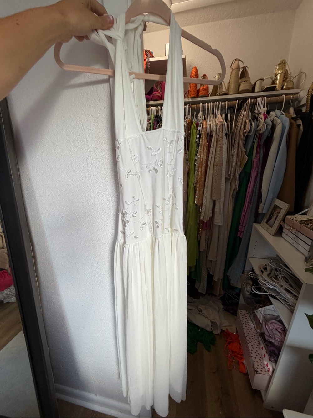 Drop waist lace White Halter Maxi Dress with Embroidered Bodice BRIDAL - Picture 3 of 7